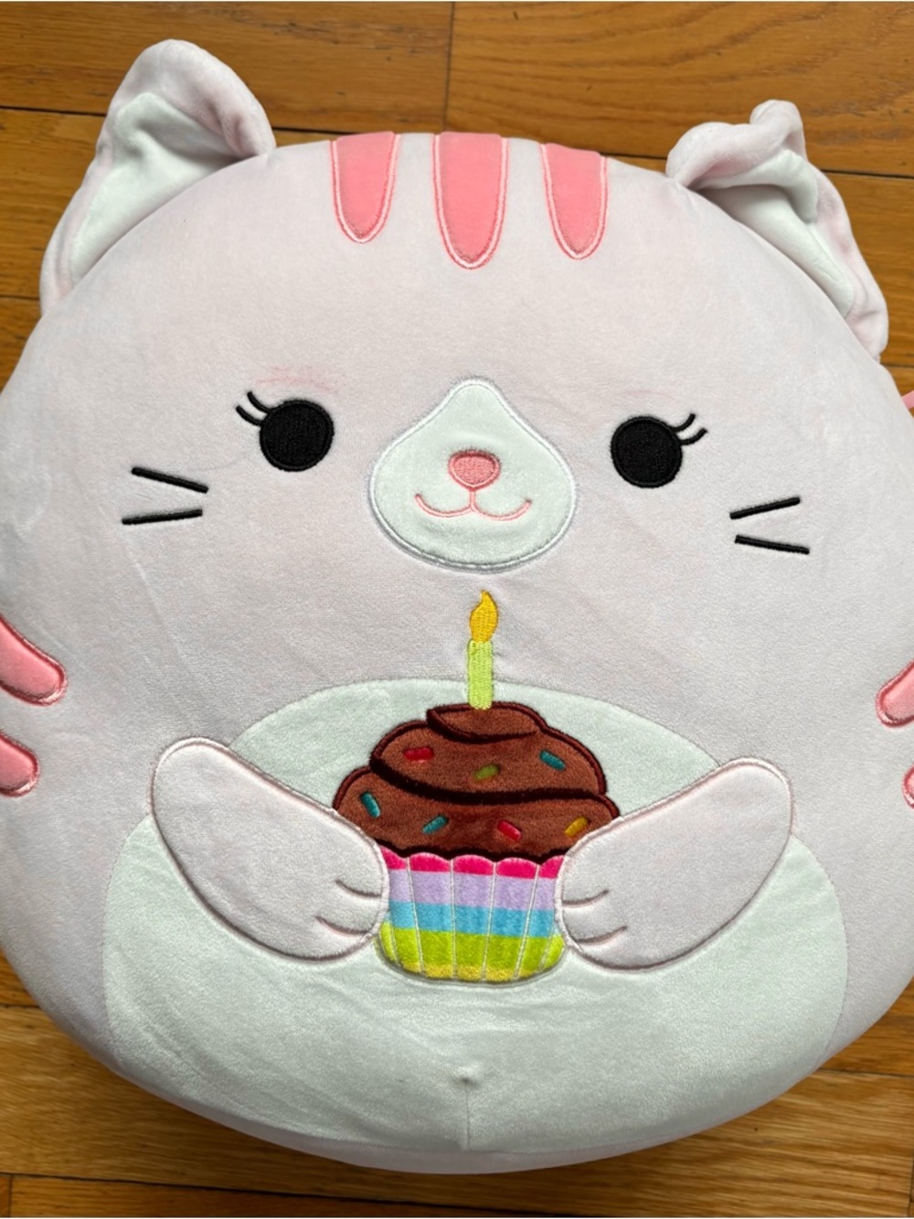 Squishmallows Plush Laura the Pink Tabby Cat Holding Birthday Cupcake - 14 In